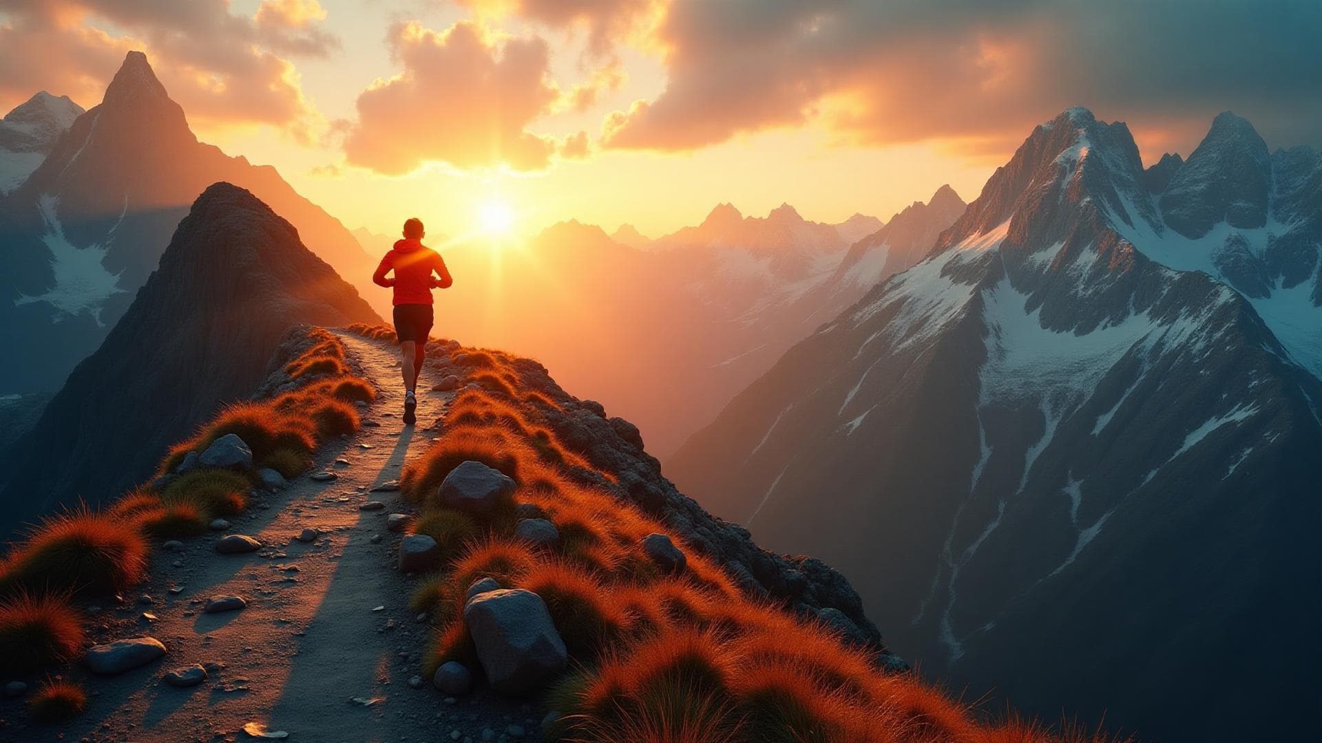 Scenic mountain landscape in orange, beige and yellow, ending in a lake, with a sunset painting the sky in shades of blue.